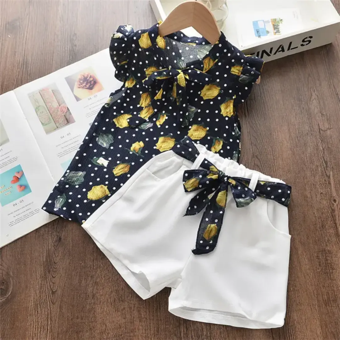 Ensemble Été Fille – Haut Sans Manches à Pois et Citrons + Short Blanc avec Nœud