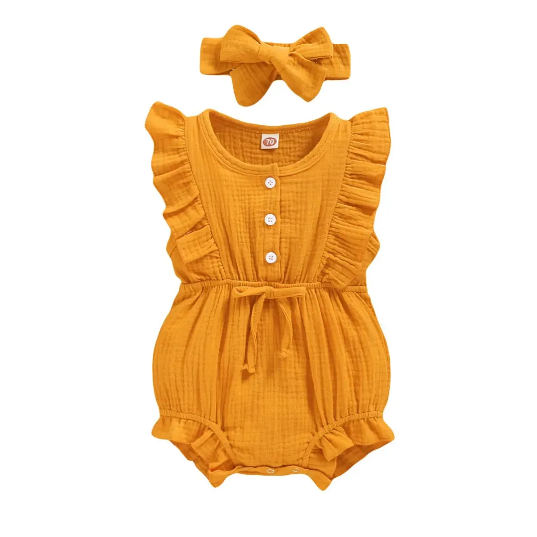 Barboteuse bébé fille en coton gaufré avec bandeau – Jaune moutarde