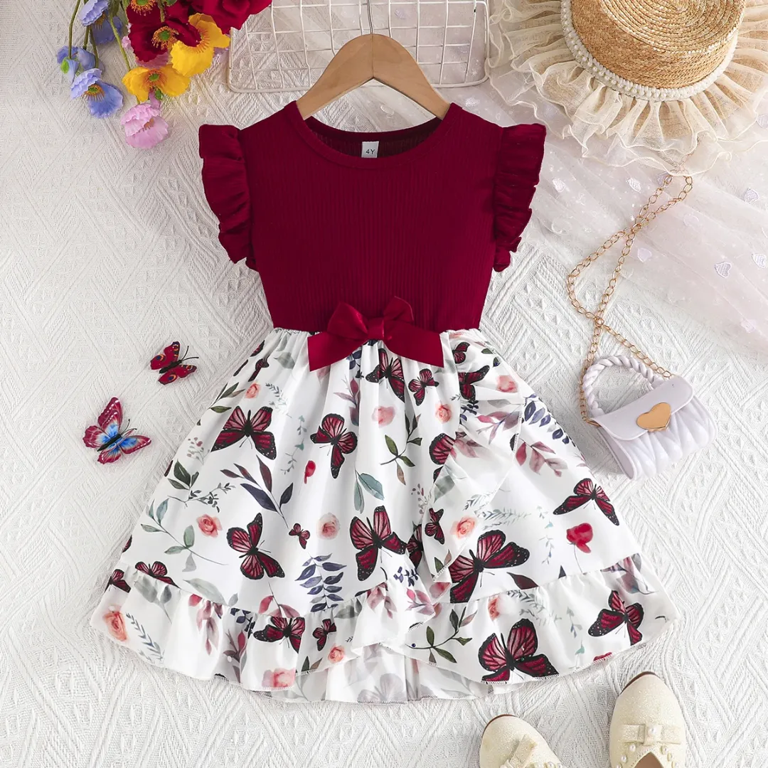 Robe Fille Été Imprimé Papillon – Haut Rouge à Volants & Jupe Fleurie