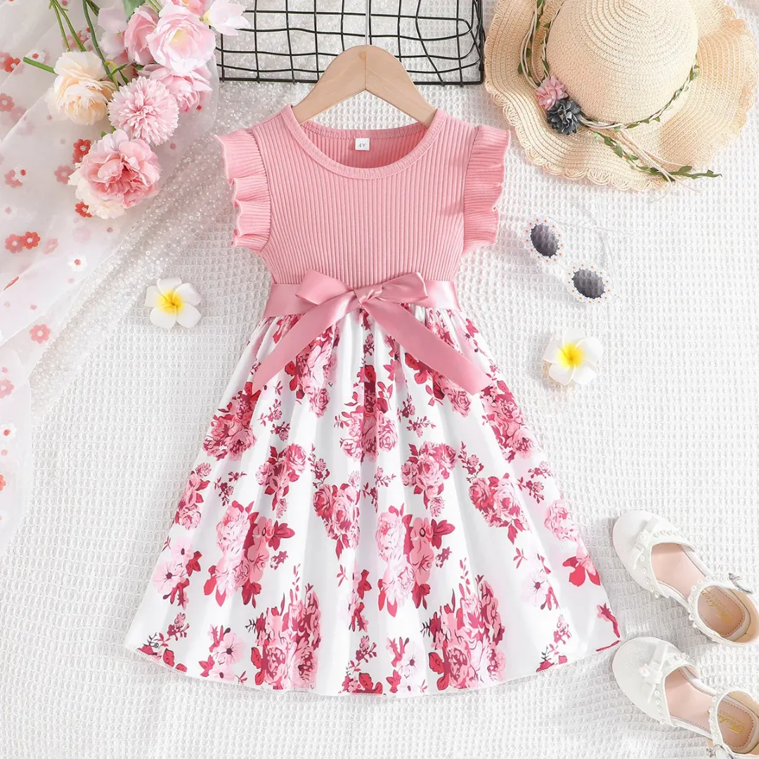 Robe Fille Été Rose à Volants – Haut Uni & Jupe Fleurie avec Nœud