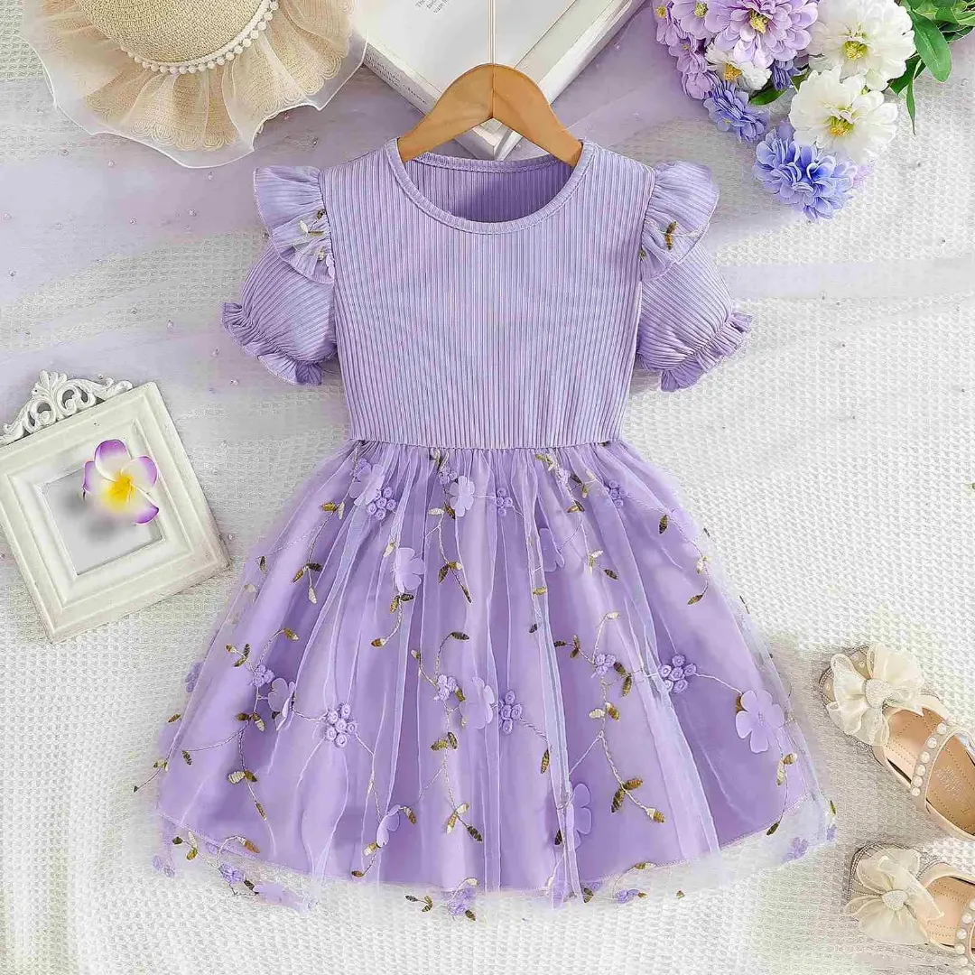 Robe princesse fille en tulle brodé – Couleur lavande