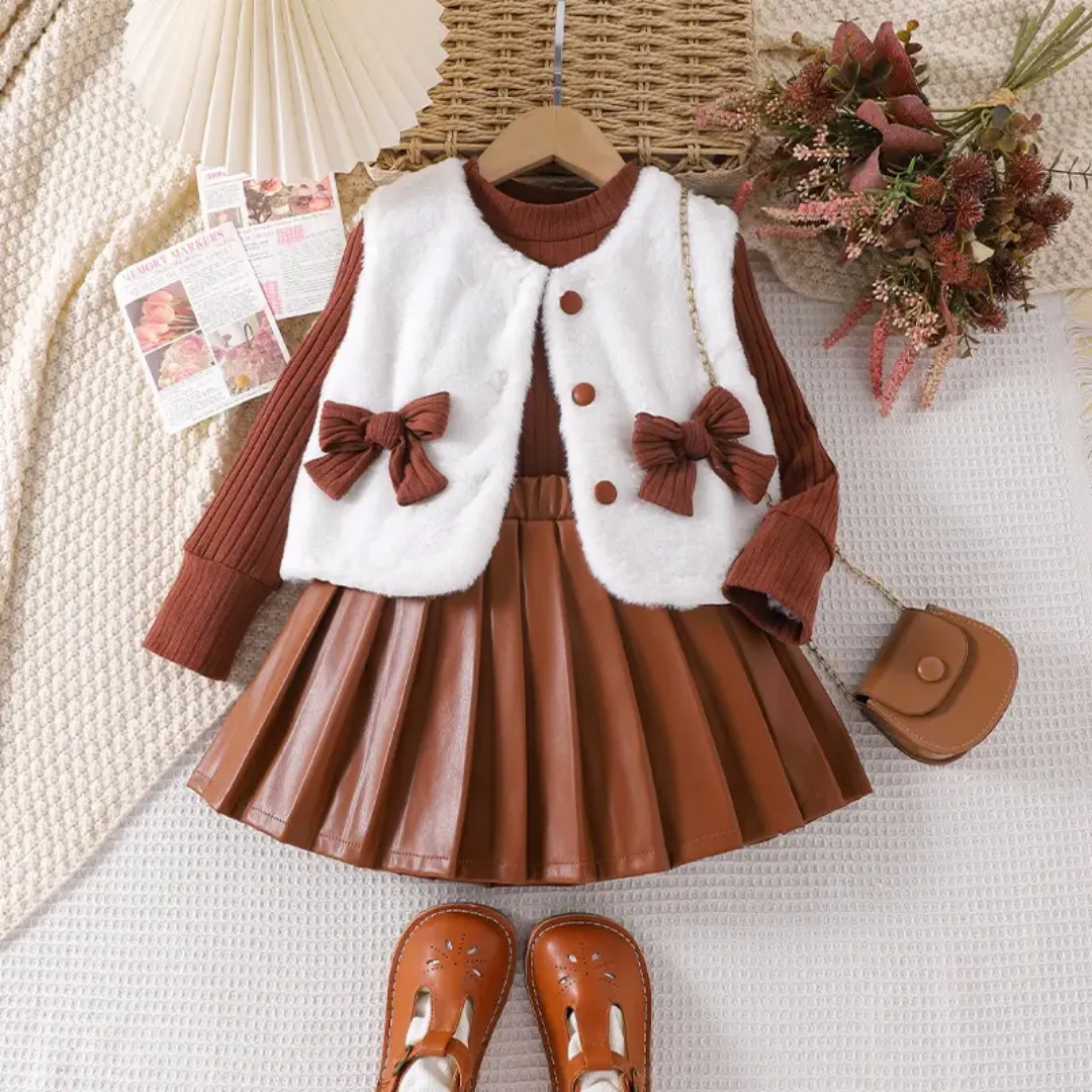 Ensemble automne/hiver fille – Robe plissée marron avec gilet sans manches blanc et nœuds décoratifs