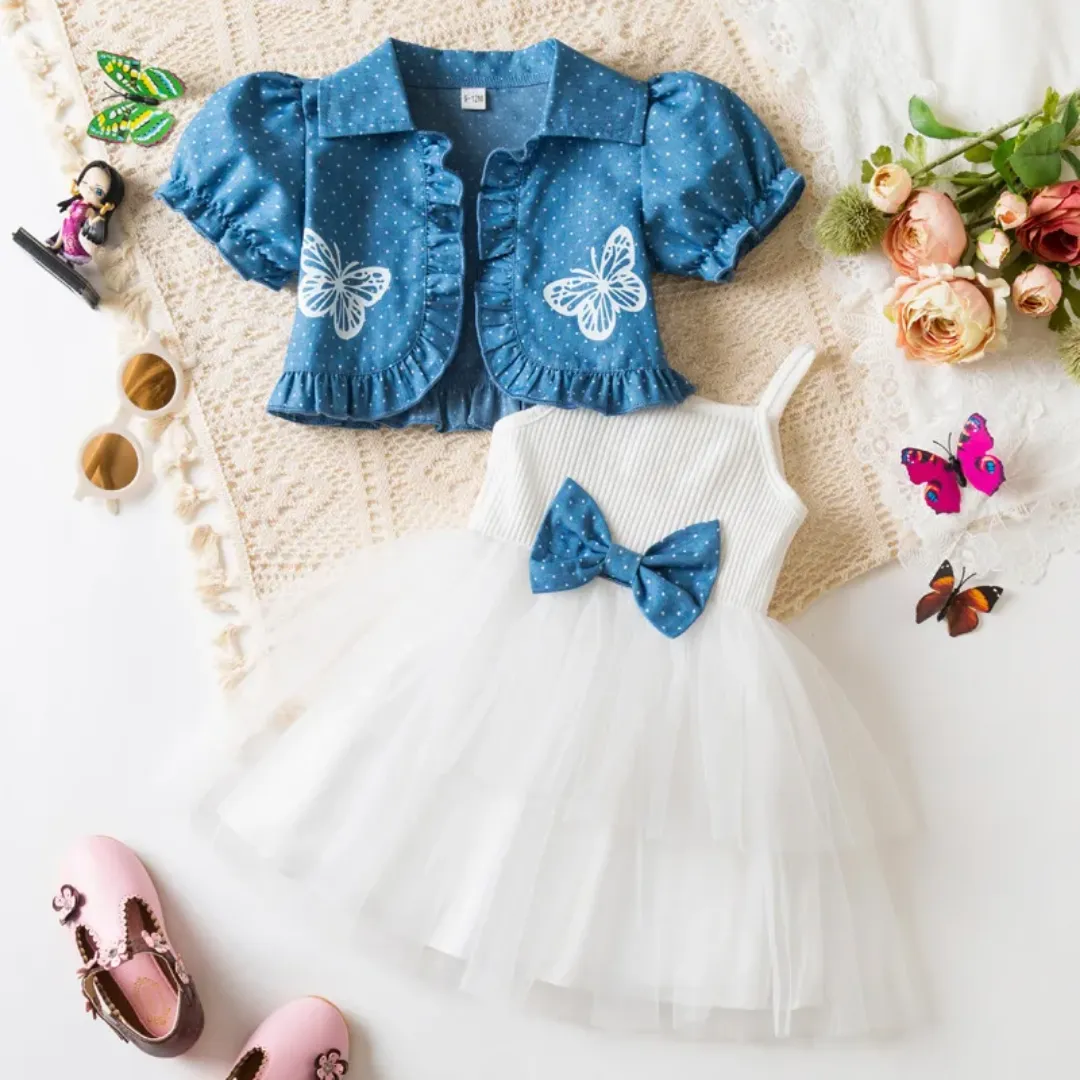 Robe blanche fille avec nœud et boléro bleu à papillons