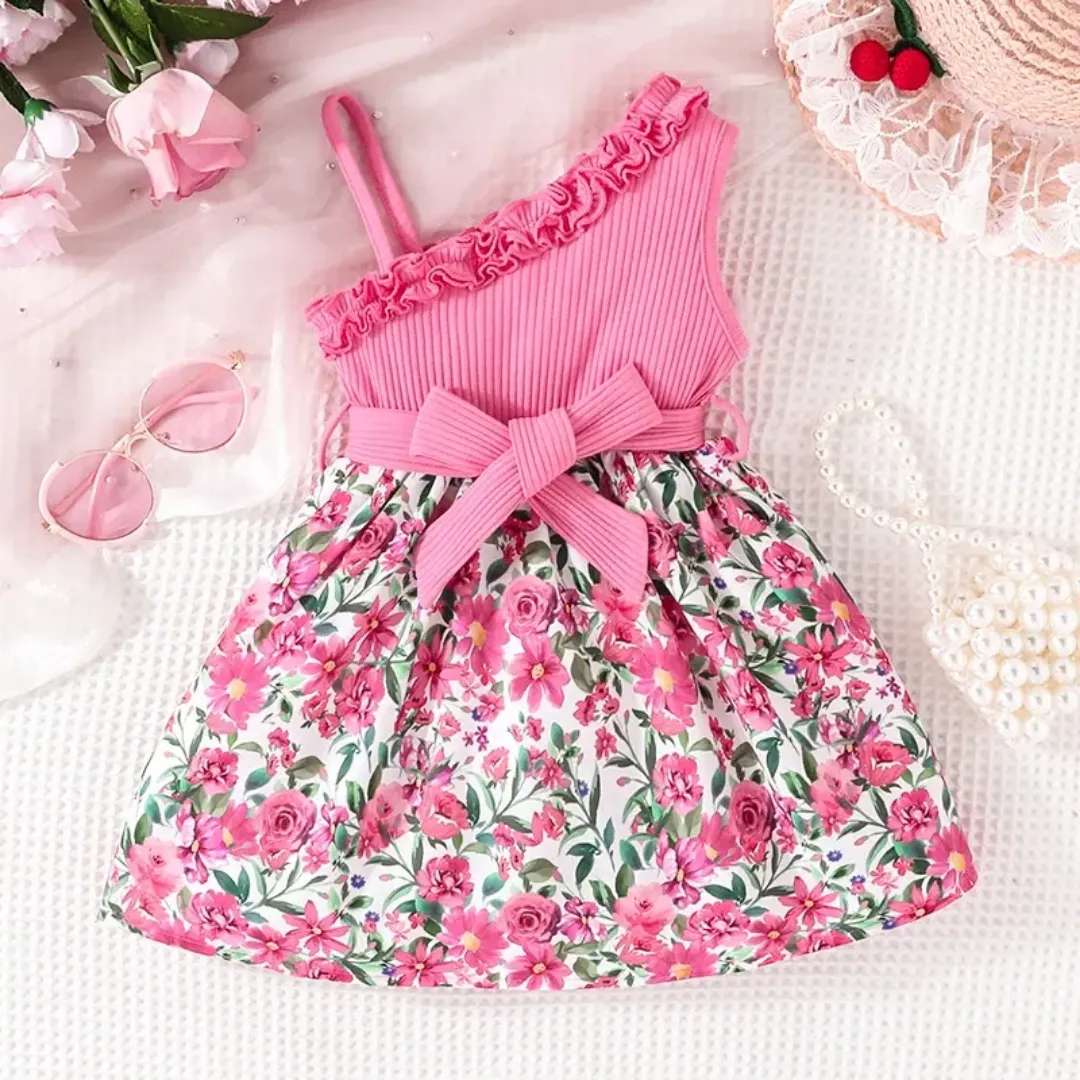 Robe d’été bébé fille une épaule – Rose & fleurs avec nœud élégant