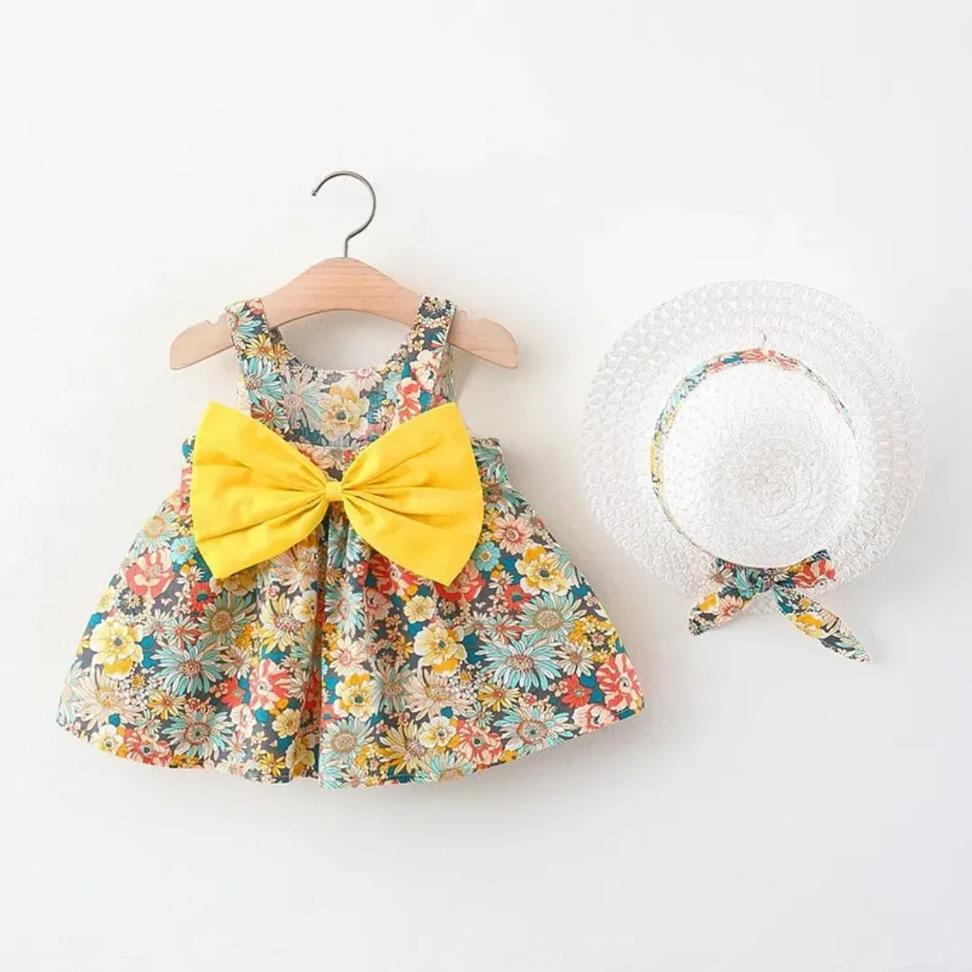 Robe fleurie avec gros nœud jaune et chapeau assorti pour fille