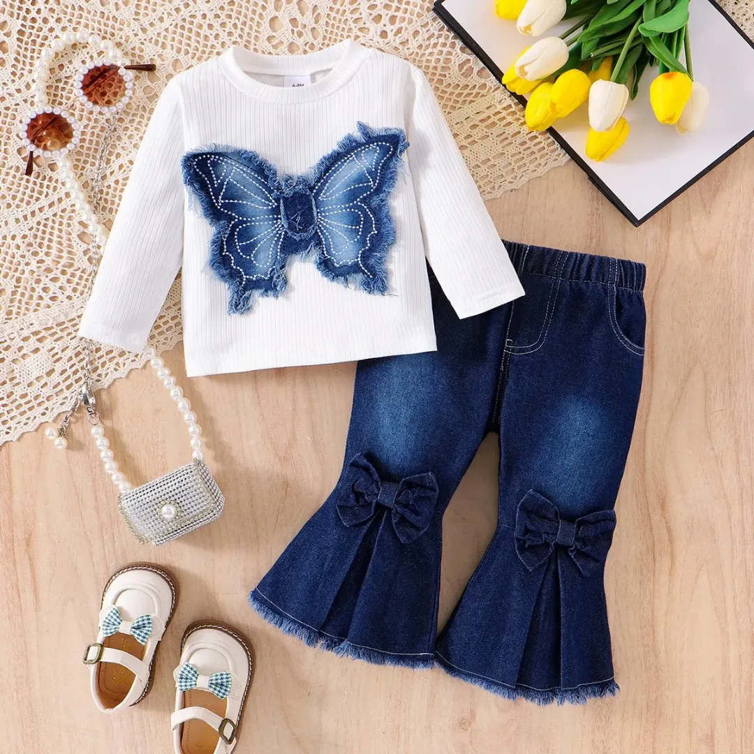 Ensemble fille chic – Haut papillon et pantalon jean avec nœuds