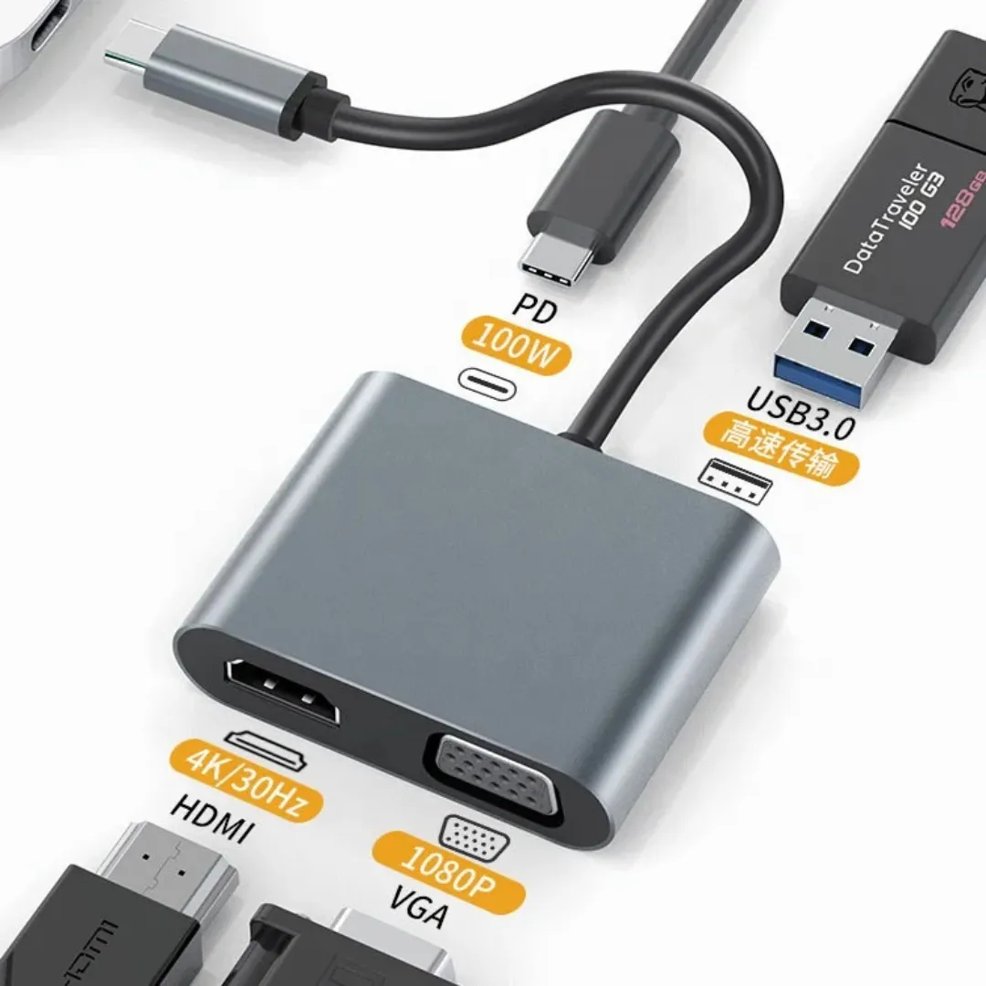 Hub Customusb C vers Usb C Compatible HDMI et VGA Usb3.0 Adaptateur multi-ports Hub Usb