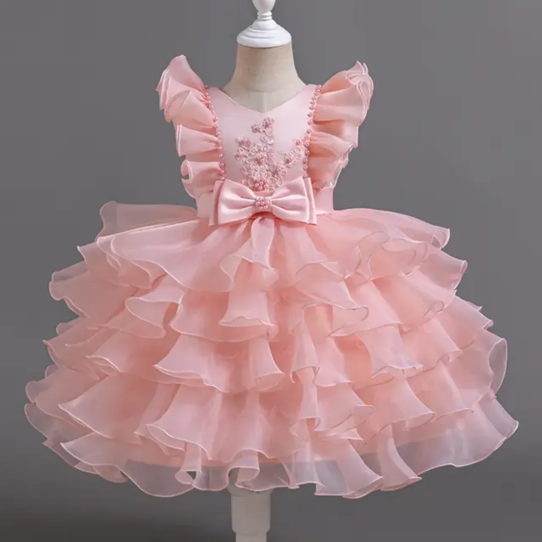 Robe de princesse fille – Tulle rose à volants et nœud élégant