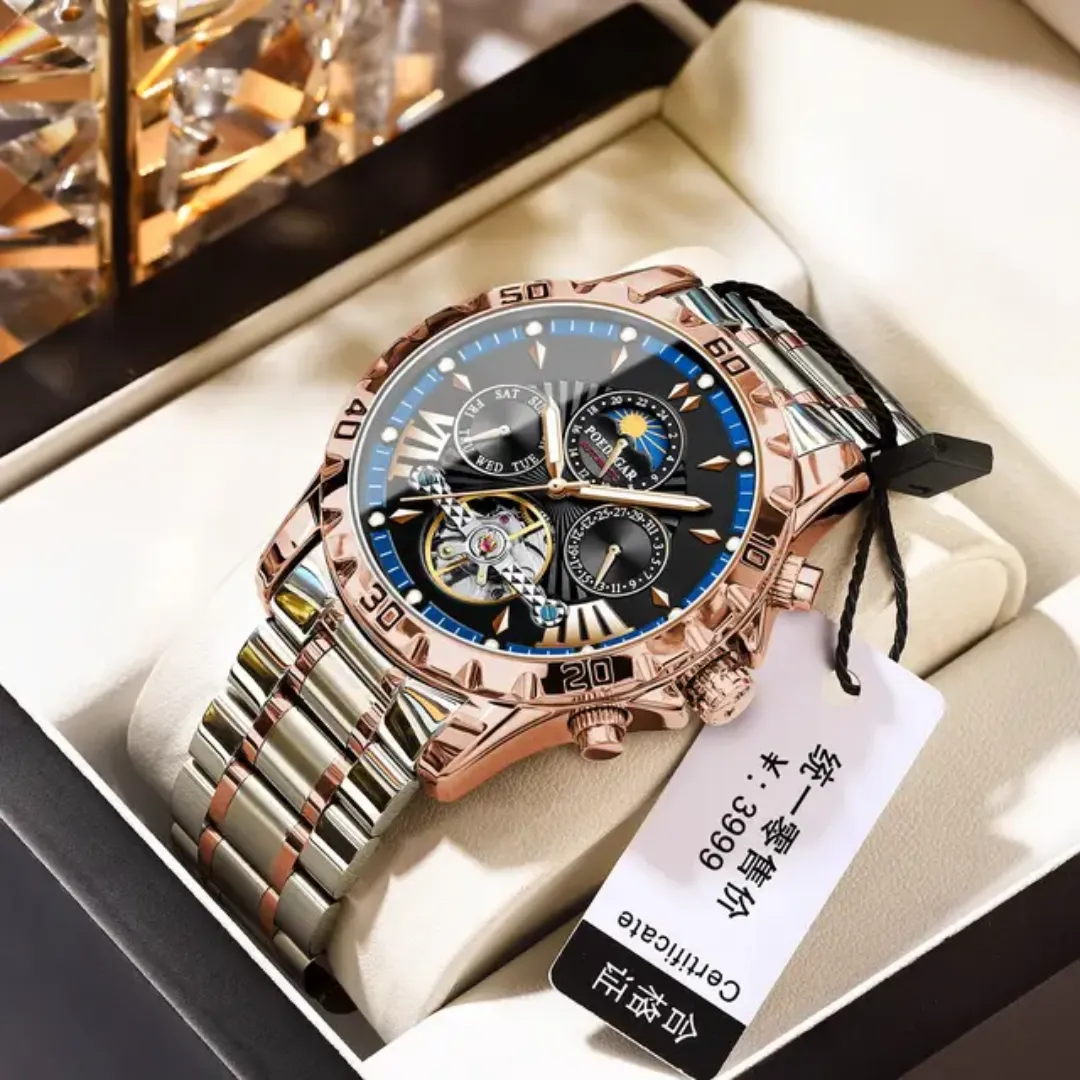 POEDAGAR 1410 Tourbillon de Luxe Mécanique Phase de Lune 30M Étanche Montre Automatique pour Hommes
