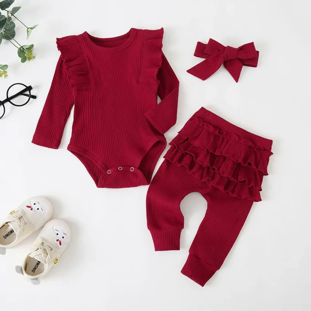 Ensemble 3 pièces automne pour bébé fille : barboteuse côtelée, pantalon évasé et accessoire