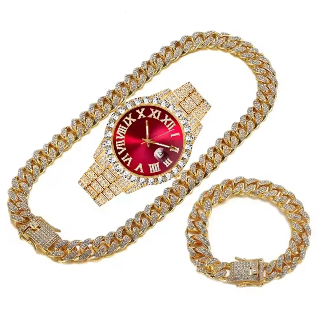 Ensemble Montre à Quartz Bling Glacé avec Collier et Bracelet