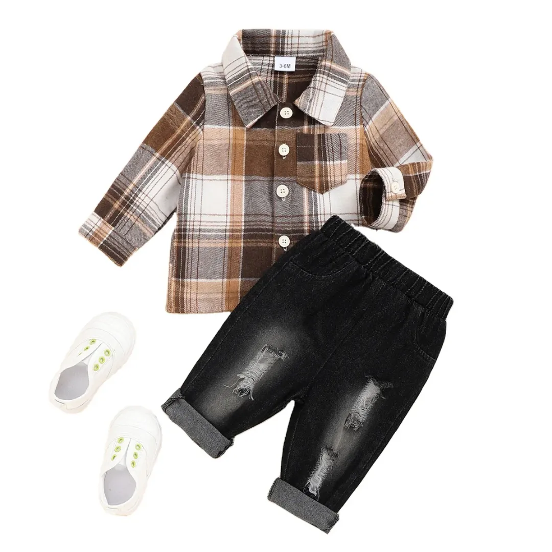 Ensemble vêtements en coton pour enfants - Chemise manches longues et pantalon cowboy