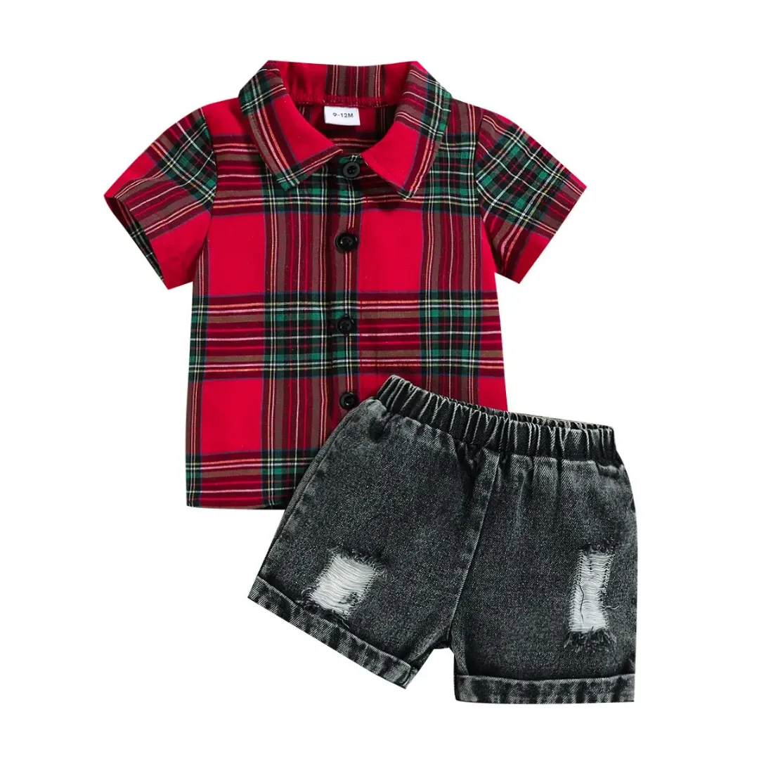 Ensemble 2 pièces pour bébé garçon : polo à carreaux rouges et short en jean noir