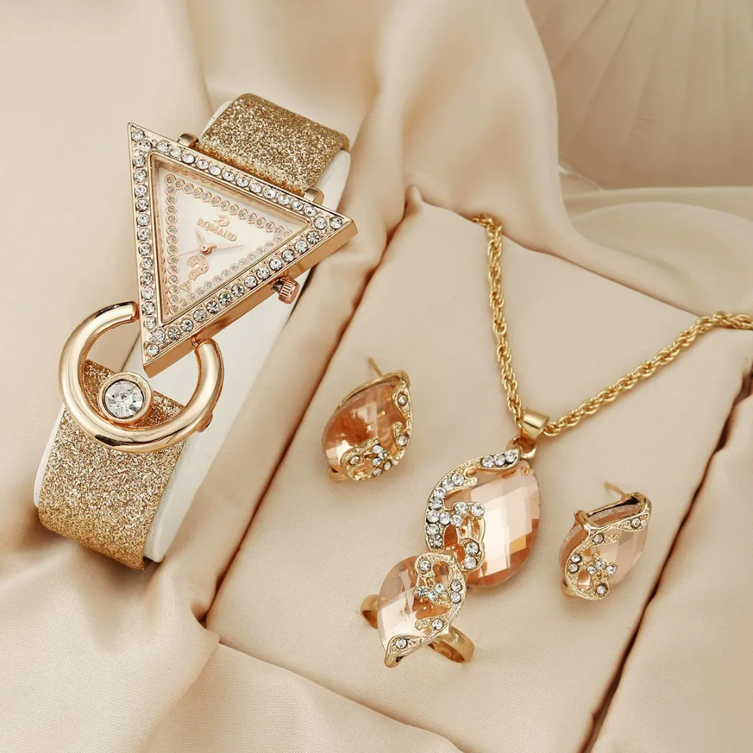 HK-02 sans boîte populaire Triangle diamant incrusté cuir femmes montre à Quartz collier boucles d'oreilles anneau ensemble