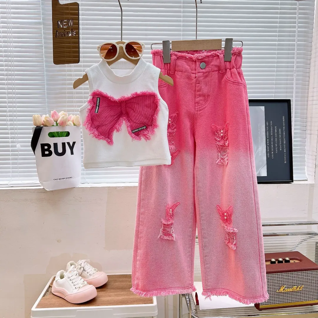 Costume deux-pièces d'été pour fille Jeans déchirés sans manches avec denim floral