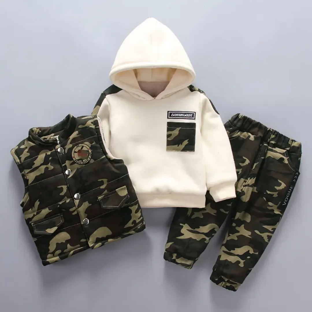 Sweat à capuche d'hiver pour garçon avec gilet et pantalon 3 pièces de vêtements de camouflage pour enfants