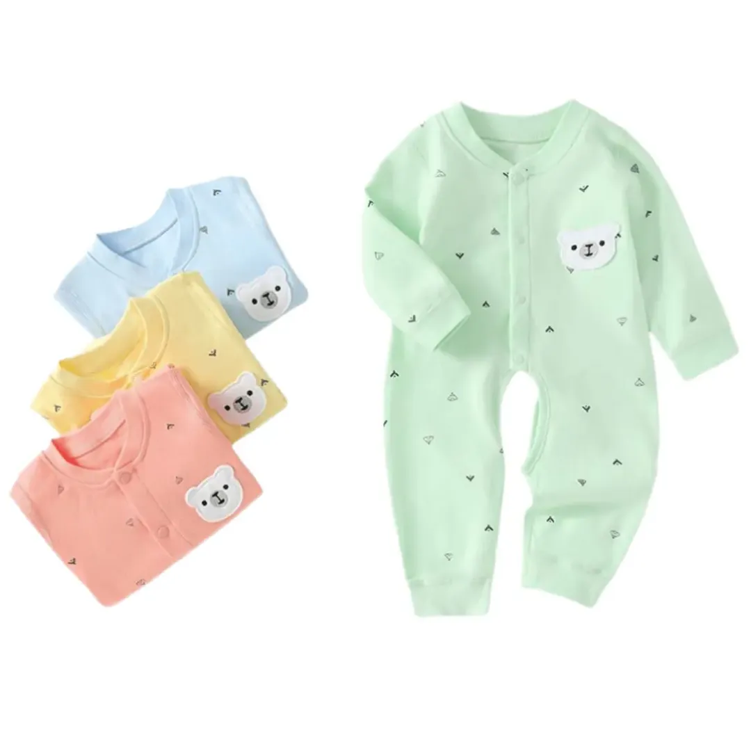 Barboteuse bébé 100% coton manches longues avec patch ours