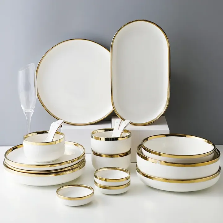 Ensemble de vaisselles 18 pièces en porcelaine avec finition dorée – Raffinement pour 3 à 4 personnes