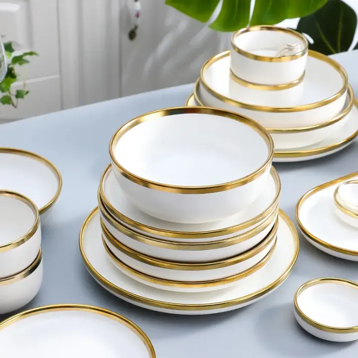 Ensemble de vaisselles 32 pièces en porcelaine dorée – Luxe et raffinement pour 8 personnes