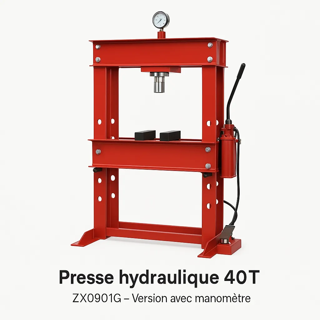 Presse d'atelier Presse hydraulique 40T (ZX0901G) – Version avec manomètre et pneumatique 20T avec jauge