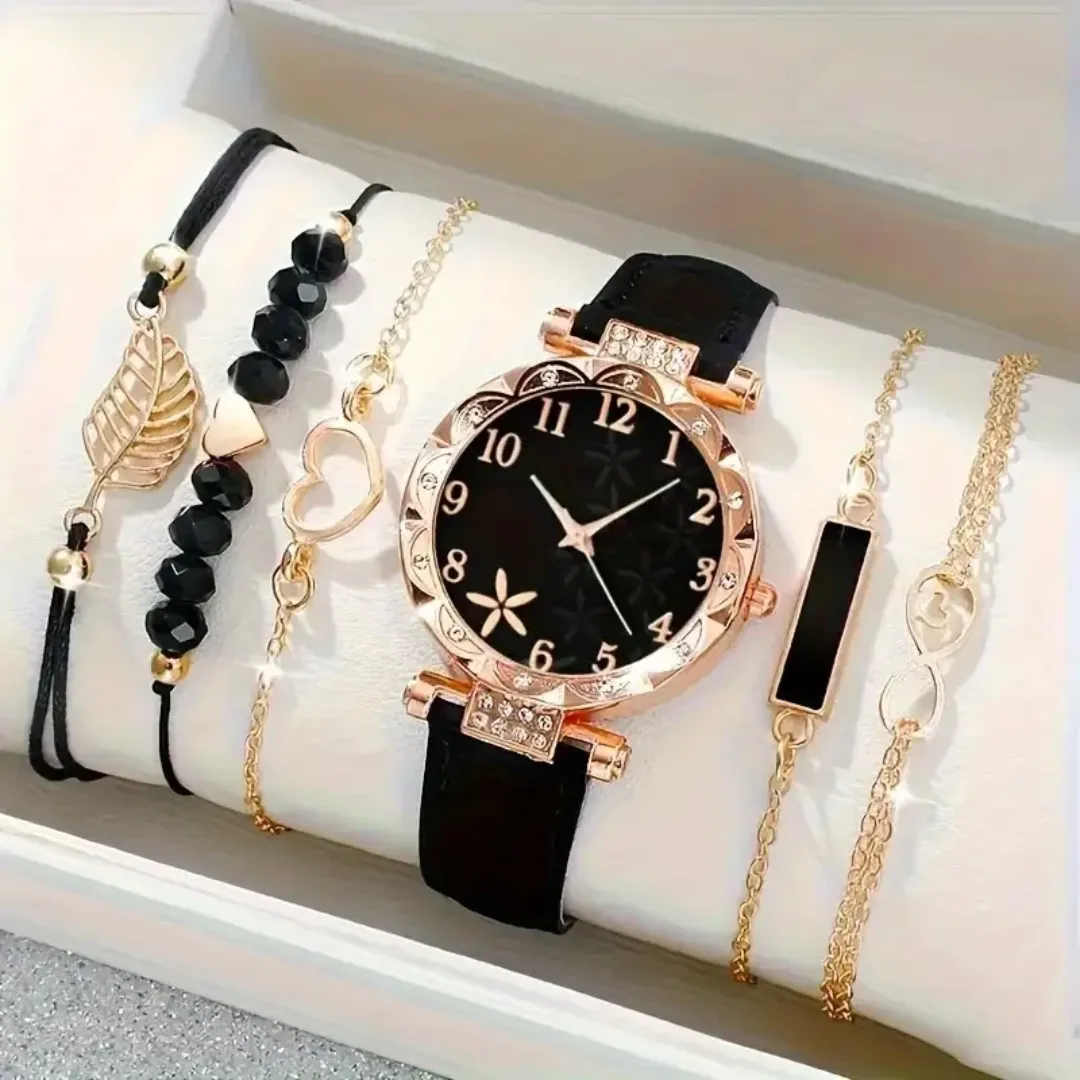 Montre à Quartz de luxe pour femmes avec bracelet en cuir perlé - Ensemble 6 pièces