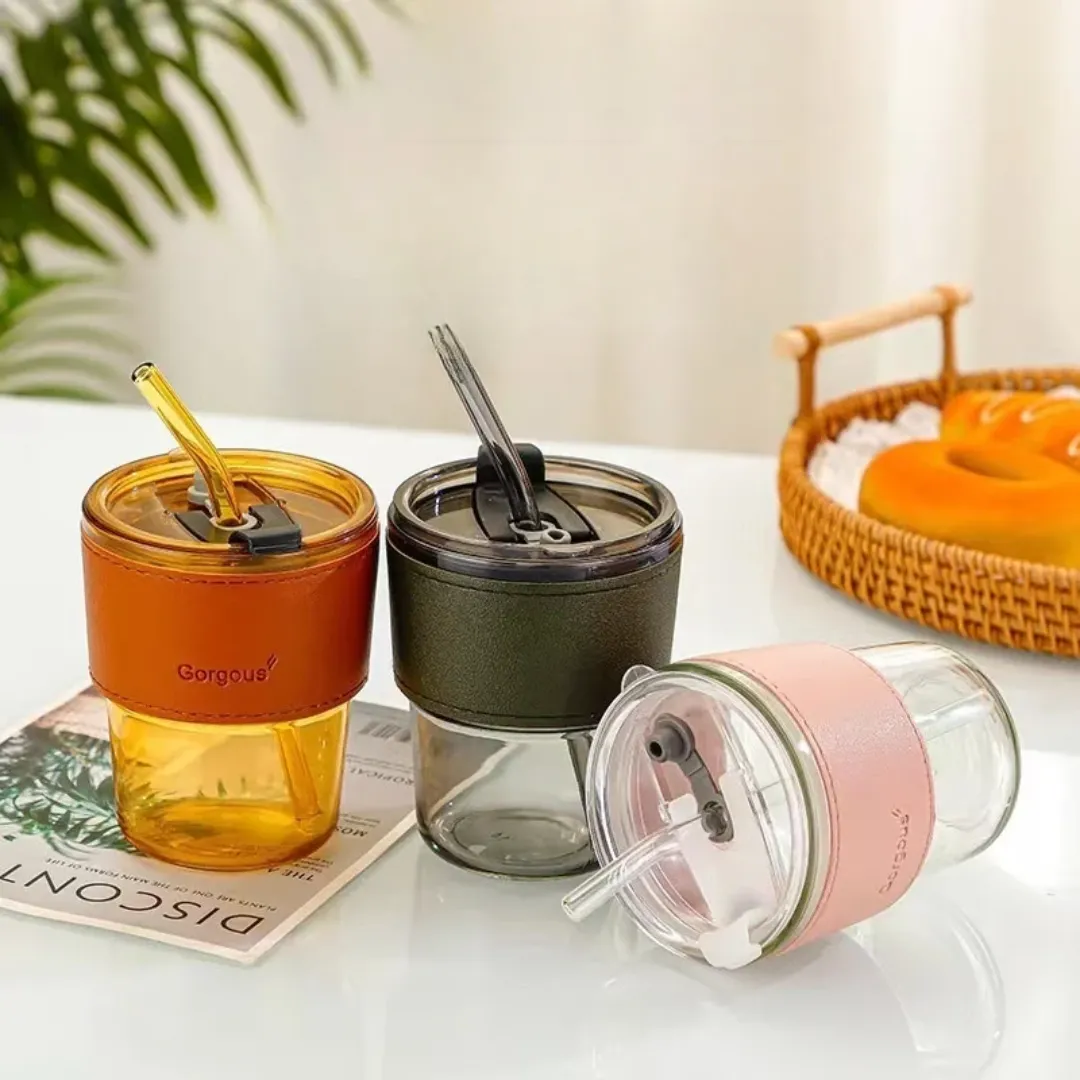 Verres à boire personnalisés avec manchon en cuir - Bouteille d'eau en verre 400ml