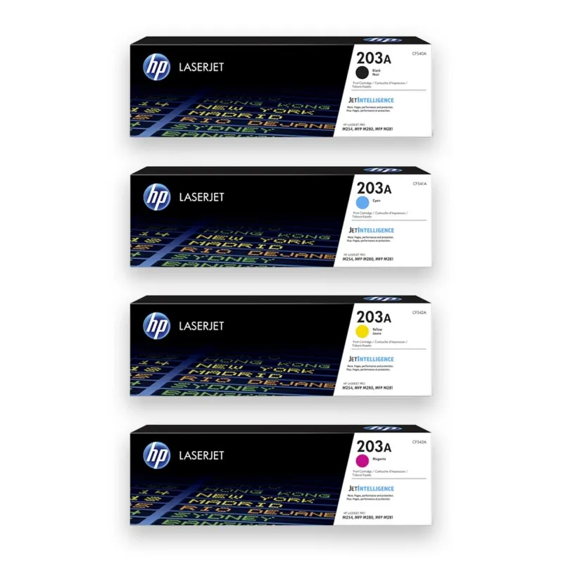Pack de 4 couleurs Cartouches de toner originales pour HP 203A avec puce compatible. 