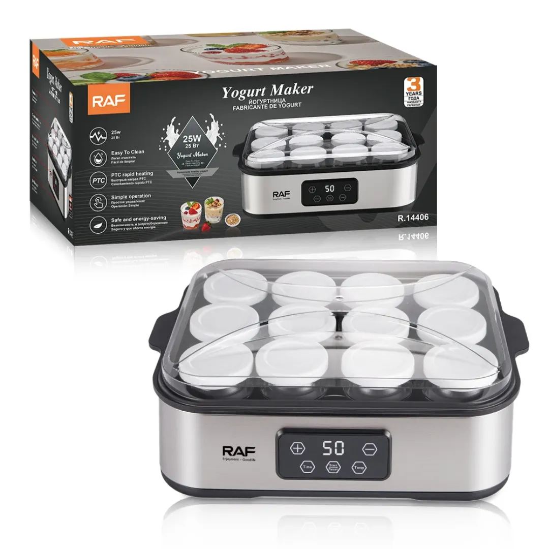 RAF R.14406 Yaourtière électrique domestique en verre 12 pots avec bocaux en verre pour dortoir ou bureau