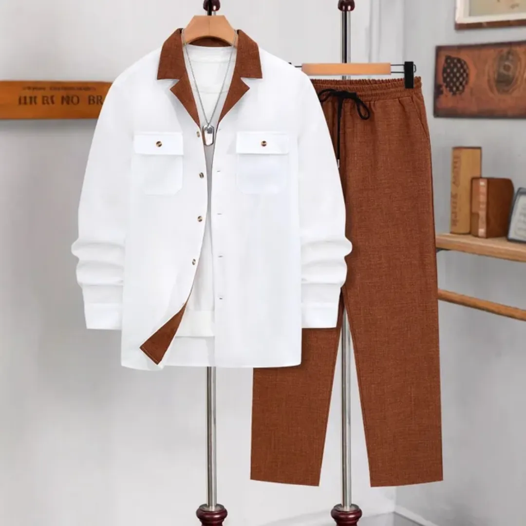 Nouvel Ensemble Classique 2 Pièces Très Tendance pour Homme : Pantalon et T-shirt à Manches Longues de Couleur Unie, Style Ethnique pour Vacances et Mariage