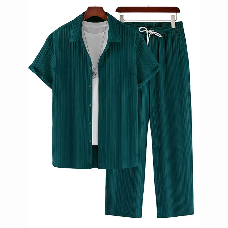 Ensemble Homme Décontracté à Rayures – Chemise et Pantalon Stylé