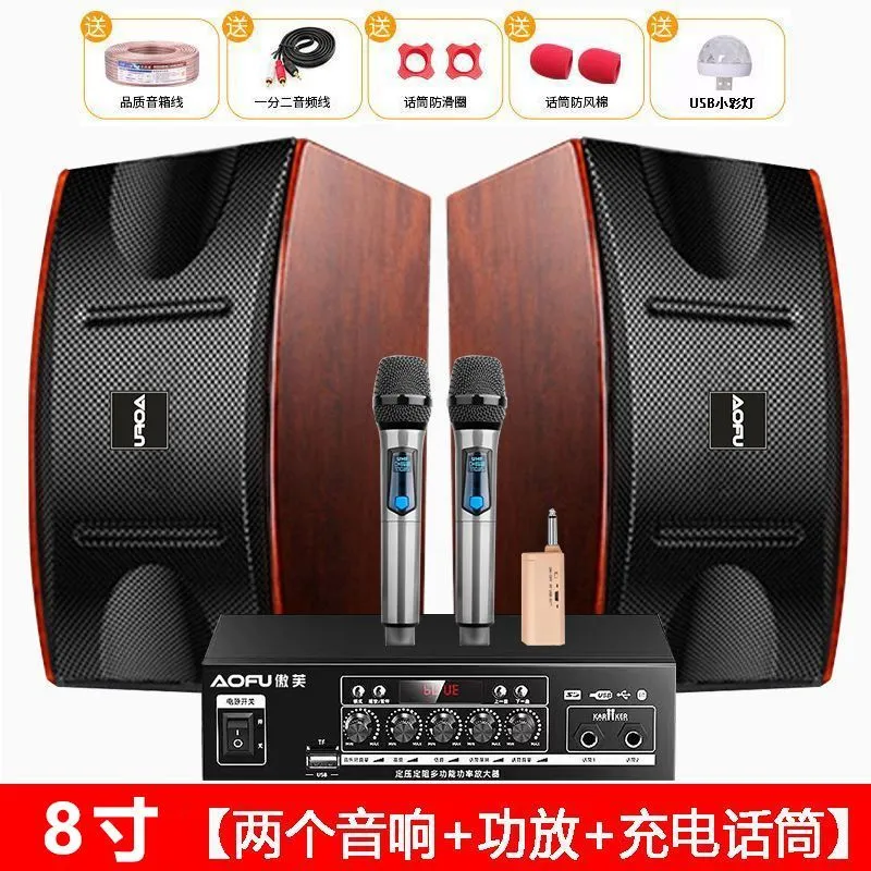 Pack Sono KTV 8 pouces – 2 haut-parleurs + amplificateur + 2 micros sans fil – Ensemble Karaoké Maison