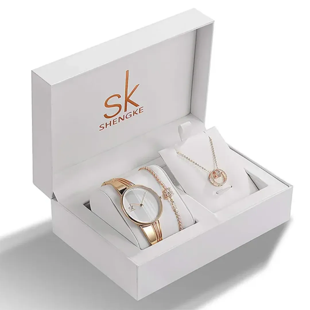 Coffret Cadeau Élégance Femme – Montre SK Dorée avec Parure Collier et Boucles d'Oreilles