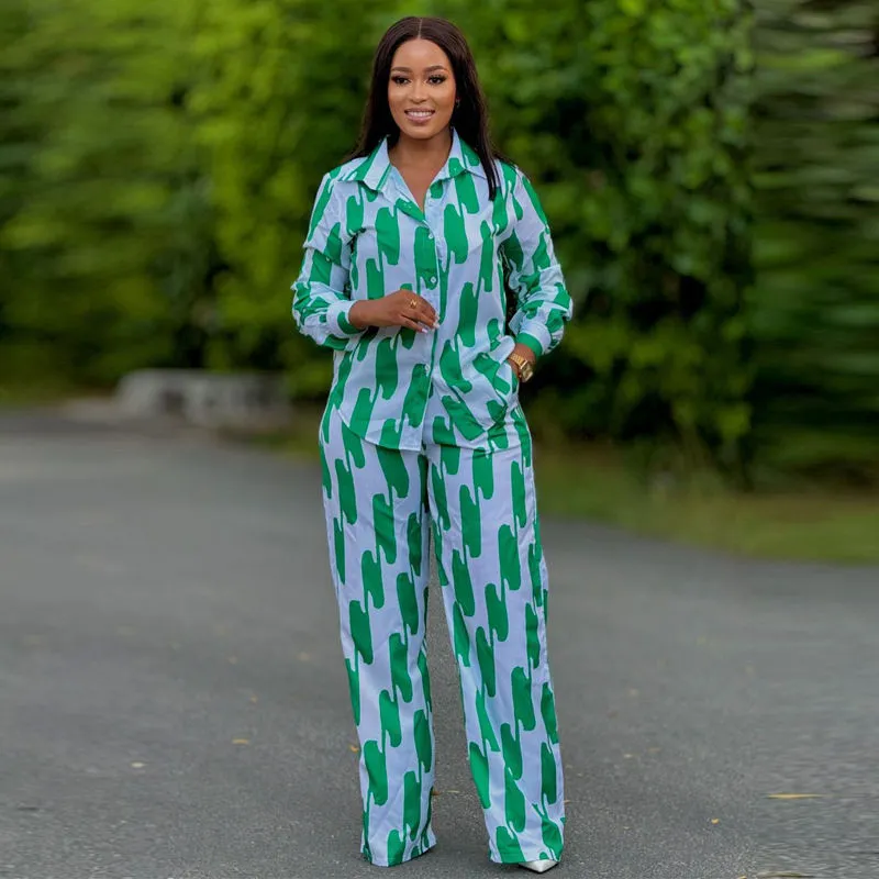 Ensemble femme africain 2 pièces chic et décontracté – Chemise manches longues & pantalon ample imprimé