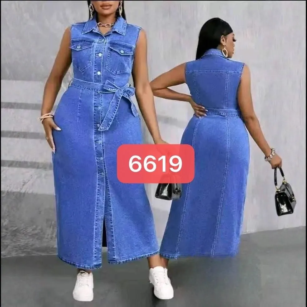 Robe longue en jean sans manches – Robe denim élégante avec ceinture, coupe moderne