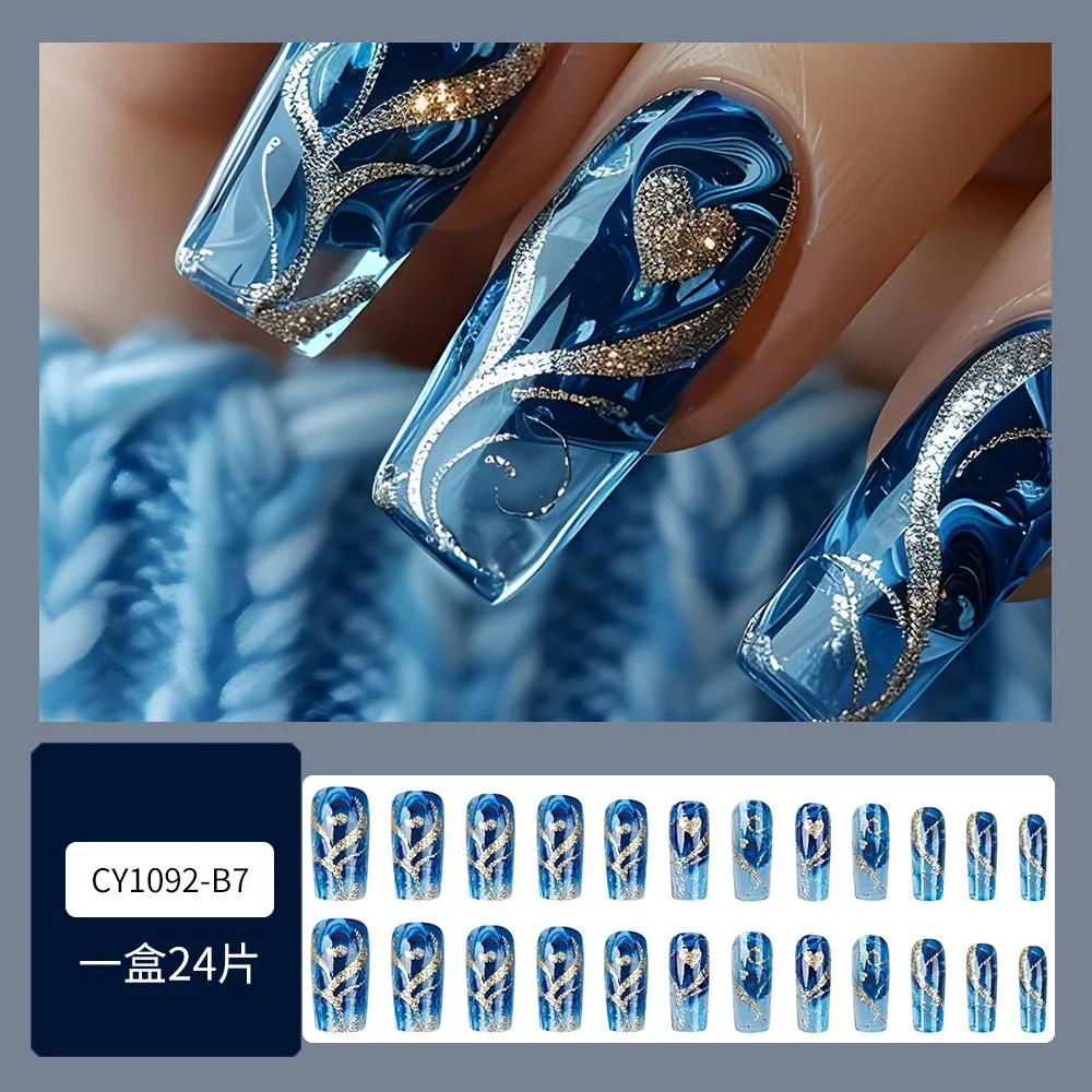 Faux ongles press-on bleu marbré avec motifs dorés – 24 pièces – Ongles élégants prêts à poser