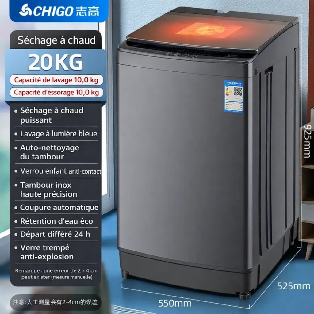 Machine à laver automatique CHIGO 20 KG – Lavage & séchage intégrés, lumière bleue antibactérienne, grande capacité
