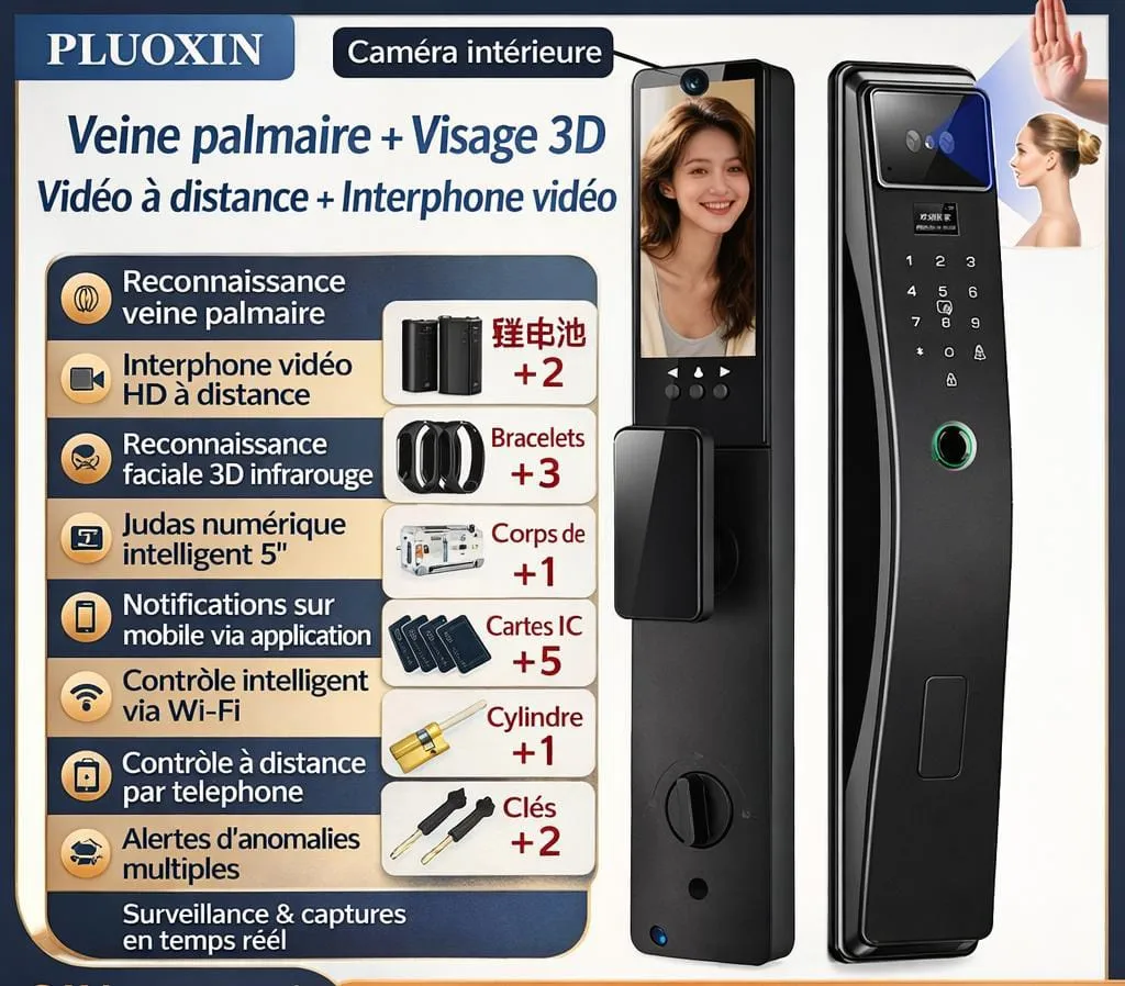 Serrure intelligente biométrique avec caméra – Reconnaissance veine palmaire + visage 3D, visiophone Wi-Fi