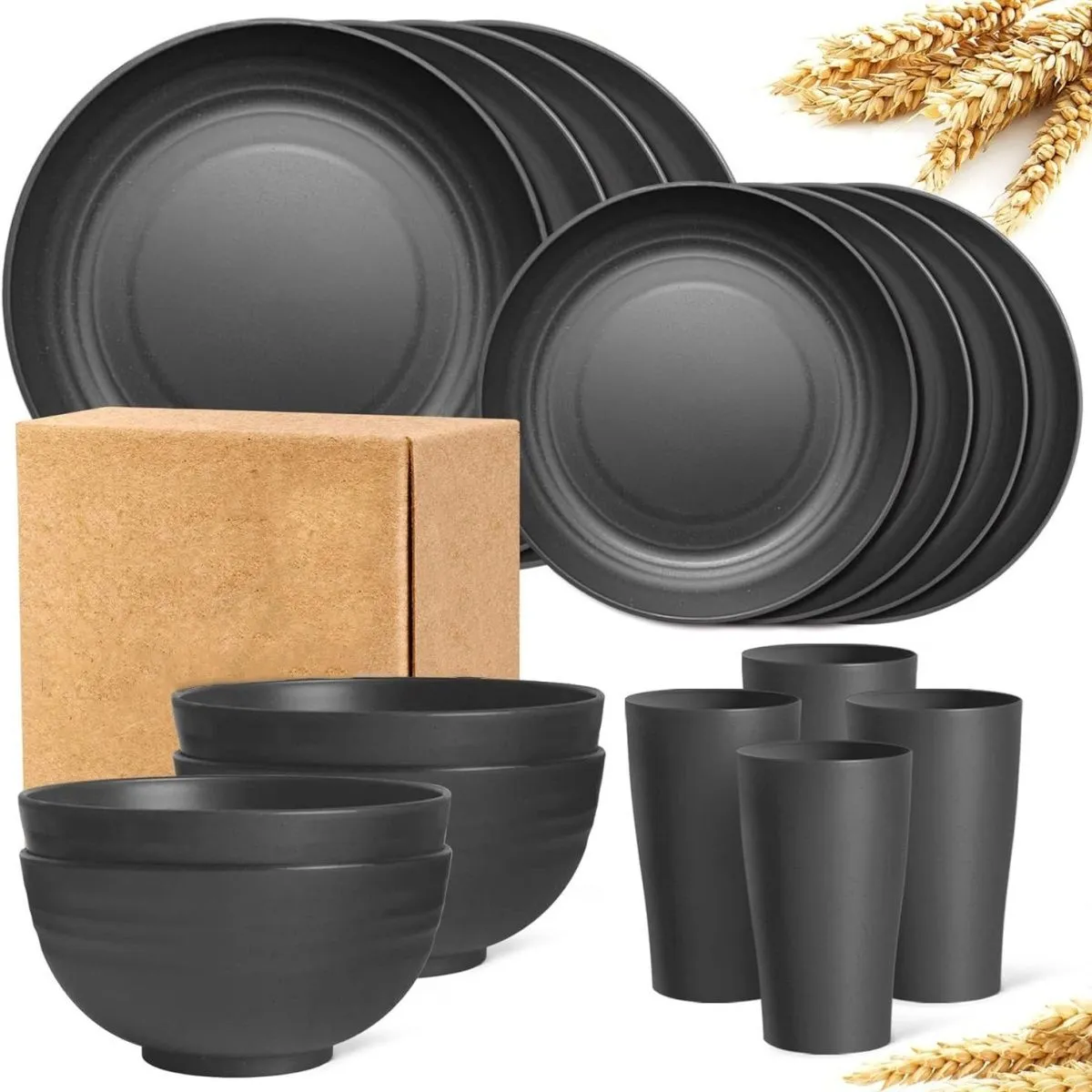 Service de vaisselle 16 pièces en paille de blé – Assiettes, bols et tasses incassables