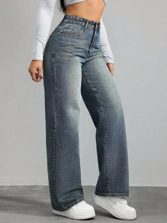 Jean femme taille haute coupe droite – Denim vintage large et confortable