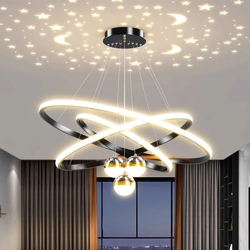 Lustre LED Moderne Trois Cercles Suspendus avec Éclairage Tri-couleur