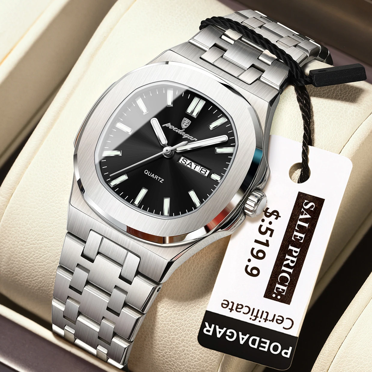 Montre Femme POEDAGAR 792 – Carré Luxe, Quartz, Lumineuse, Acier Inoxydable