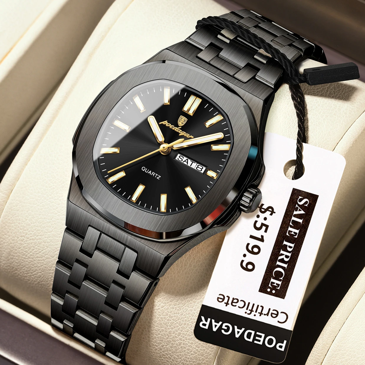 Montre Femme POEDAGAR 792 – Carré Luxe, Quartz, Lumineuse, Acier Inoxydable