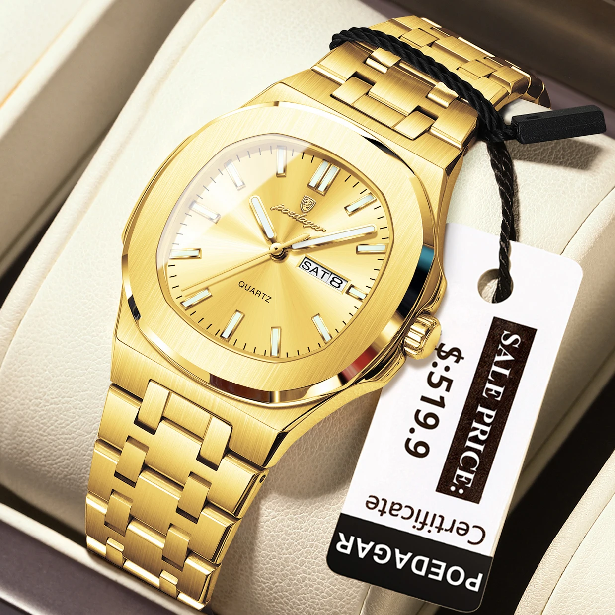 Montre Femme POEDAGAR 792 – Carré Luxe, Quartz, Lumineuse, Acier Inoxydable