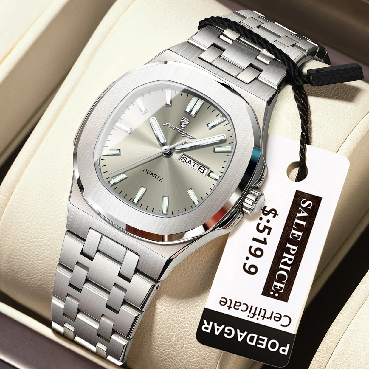 Montre Femme POEDAGAR 792 – Carré Luxe, Quartz, Lumineuse, Acier Inoxydable