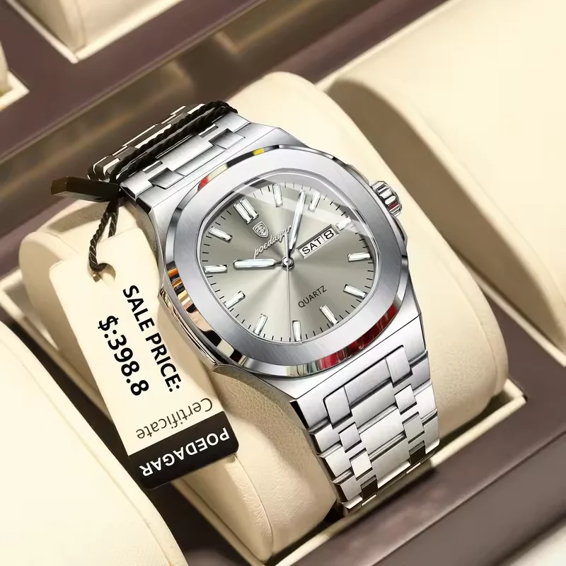 Montre Homme Poedagar 853 – Carré Luxe Acier Inoxydable, Quartz Lumineux, Étanche
