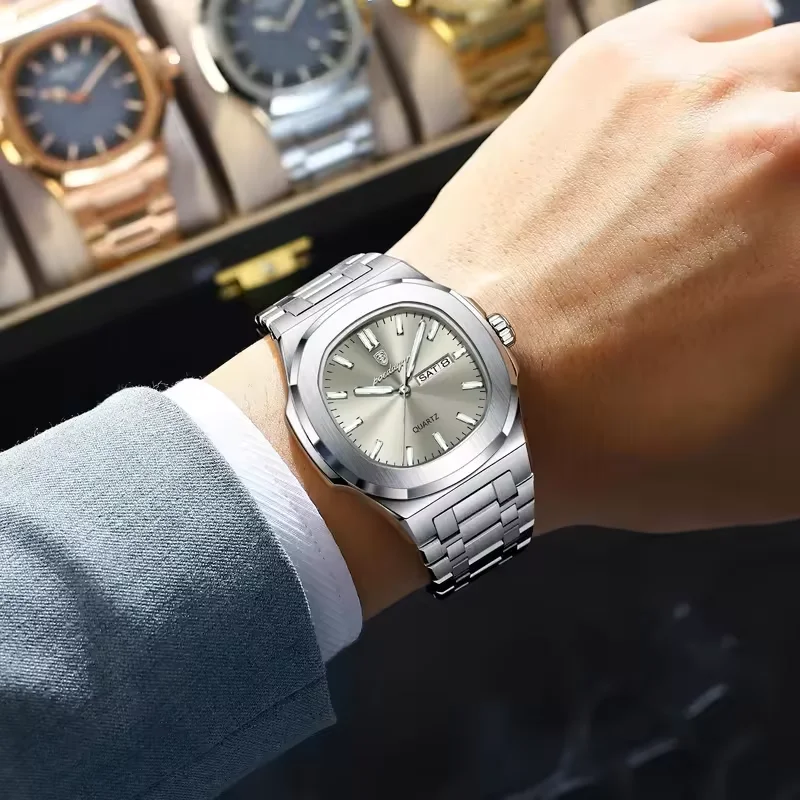 Montre Homme Poedagar 853 – Carré Luxe Acier Inoxydable, Quartz Lumineux, Étanche