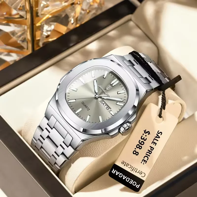 Montre Homme Poedagar 853 – Carré Luxe Acier Inoxydable, Quartz Lumineux, Étanche