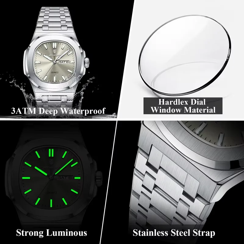 Montre Homme Poedagar 853 – Carré Luxe Acier Inoxydable, Quartz Lumineux, Étanche