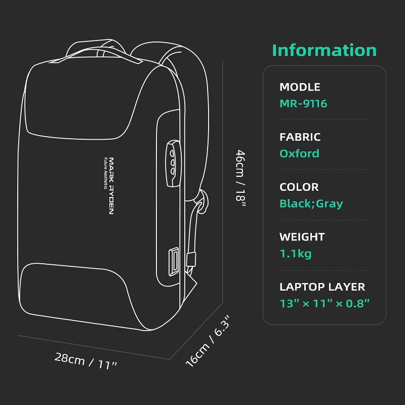 Mark Ryden MR9116 – Sac à Dos de Voyage Luxe pour Homme | Anti-vol, USB, Imperméable