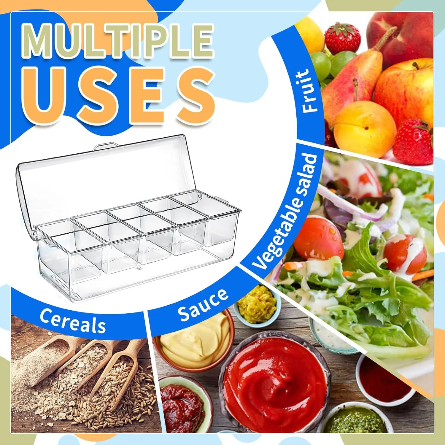 Serveur à Condiments Réfrigéré Transparent – 5 Compartiments avec Couvercle & Plateau à Glace